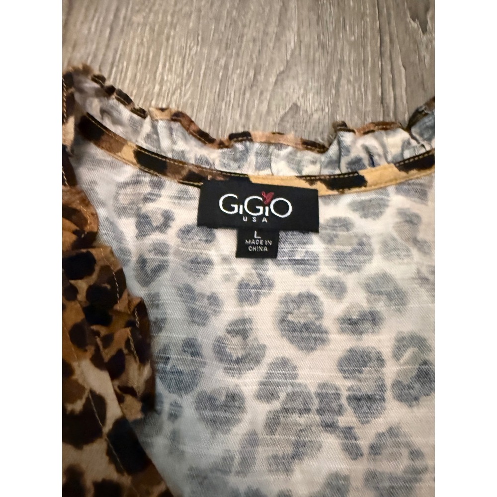 GIGIO USA Leopard Print Babydoll Top Puff Sleeve Mixed Animal Blouse Brown L - Picture 2 of 6